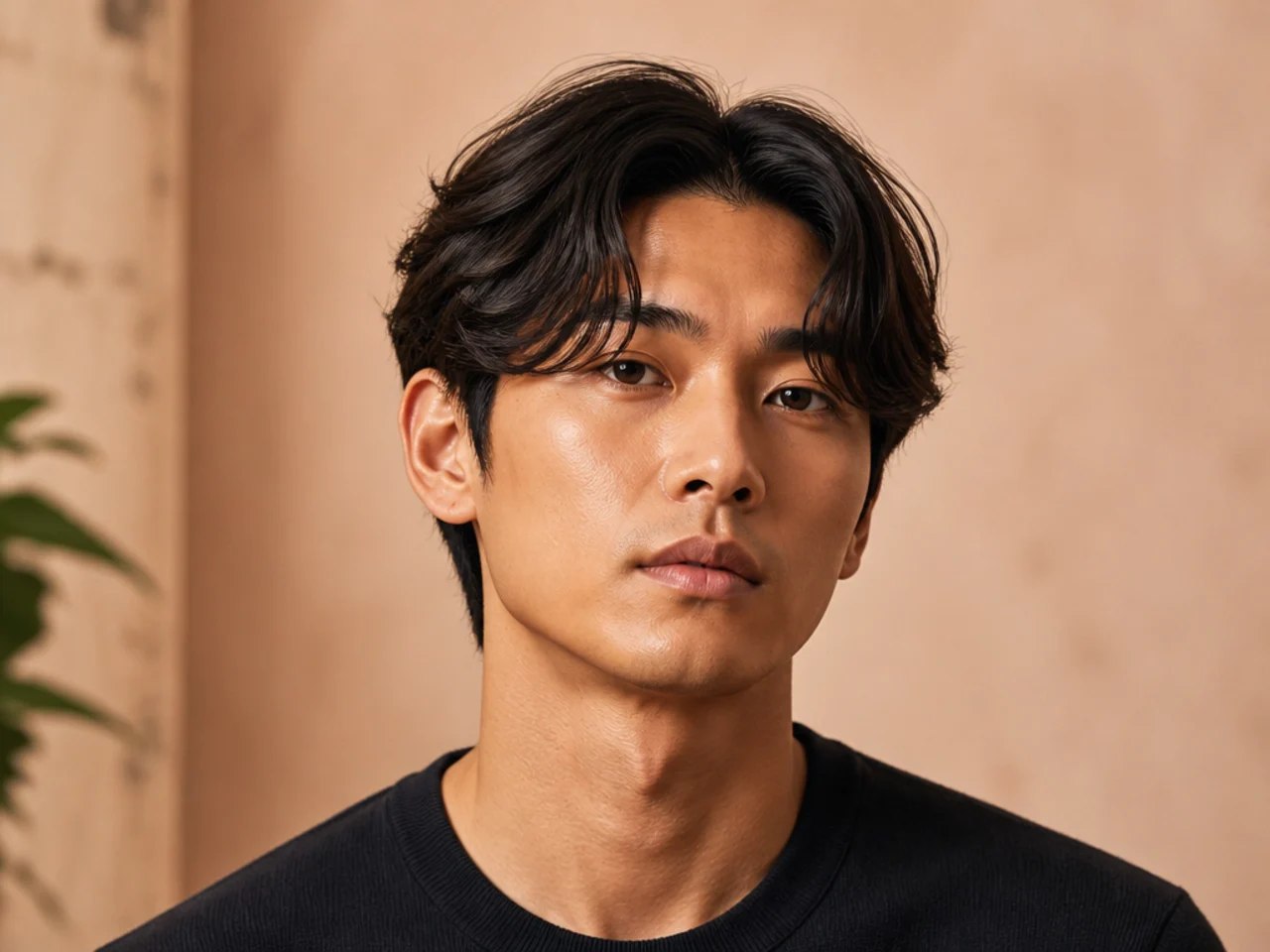Broken middle part on a young Asian man with a soft off-center parting and 5-inch top on wavy black hair