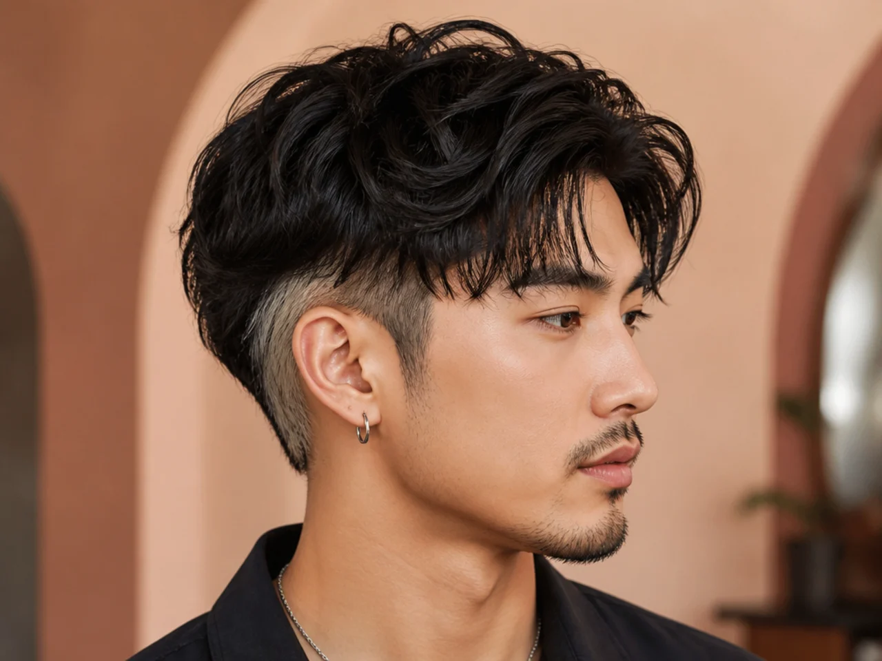 Peek-a-boo undercut on a young Asian man with long top swept to reveal a clean short undercut at the side on straight black hair