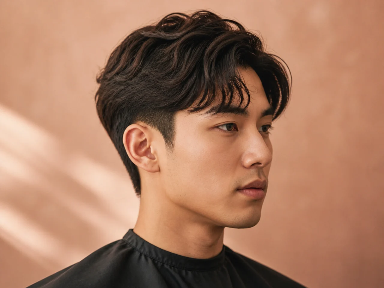 Perm-set comma haircut on a young Korean man with a curled front lock hooking toward one eye on glossy black hair