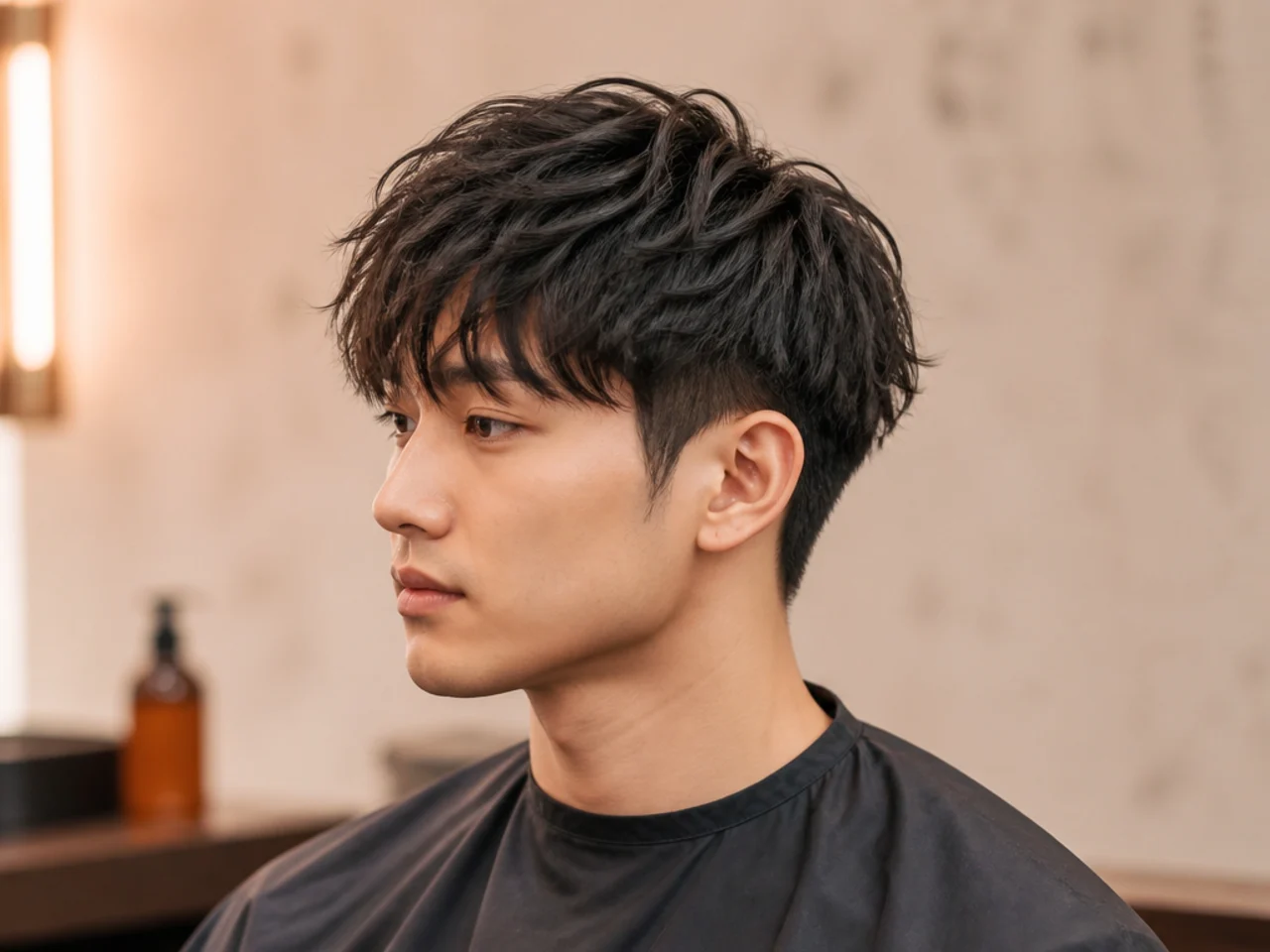 Modern Japanese mash cut on a young man with a rounded mushroom-inspired perimeter skimming the eyebrows and undercut sides