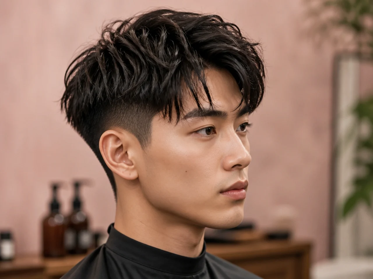 Modern two block haircut on a young Korean man with medium-length top and hidden clipper sides at the horseshoe seam