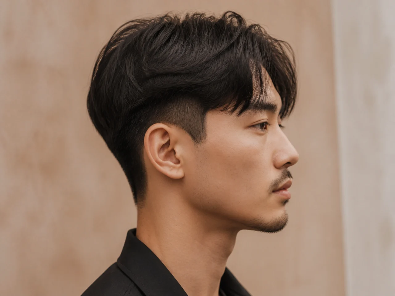 Overgrown two block haircut on a young Asian man with 6-inch top and undercut sides showing through when pushed back