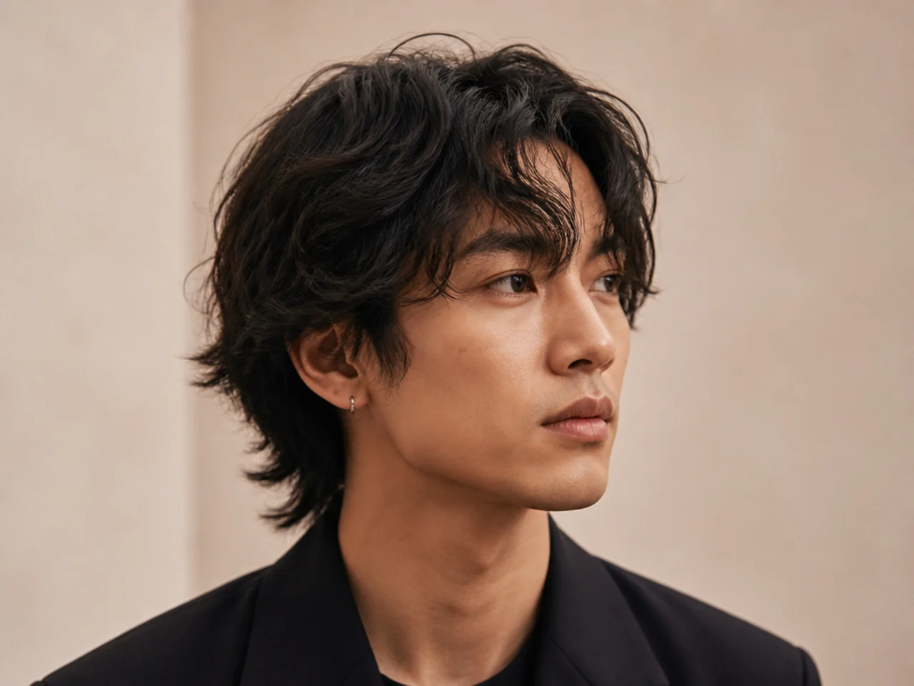 Wavy wolf cut on a young Korean man with layered shag, forward fringe, and permed wave through black hair