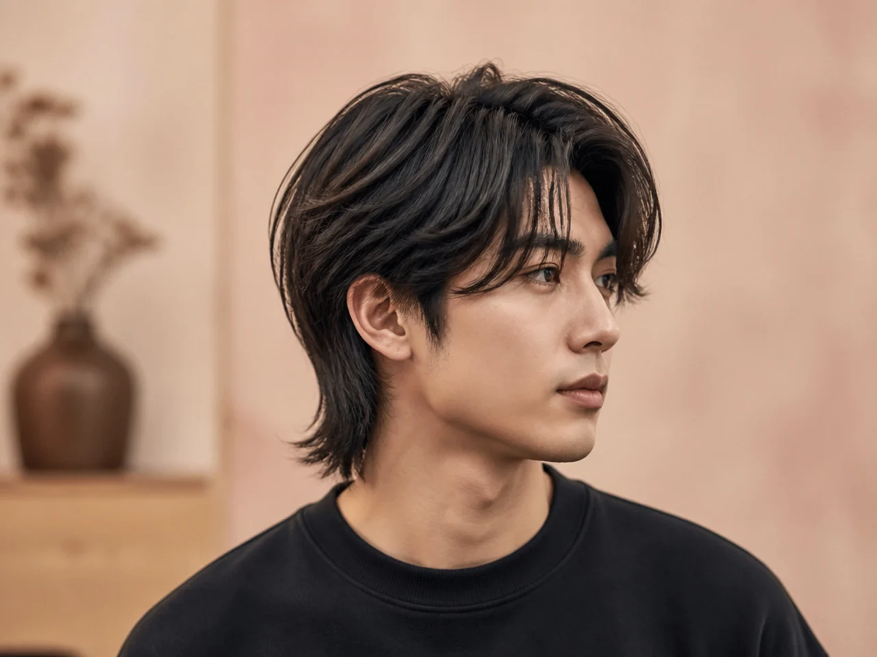 Japanese soft mullet on a young man with layered fringe, blunt sides, and length at the back on straight black hair
