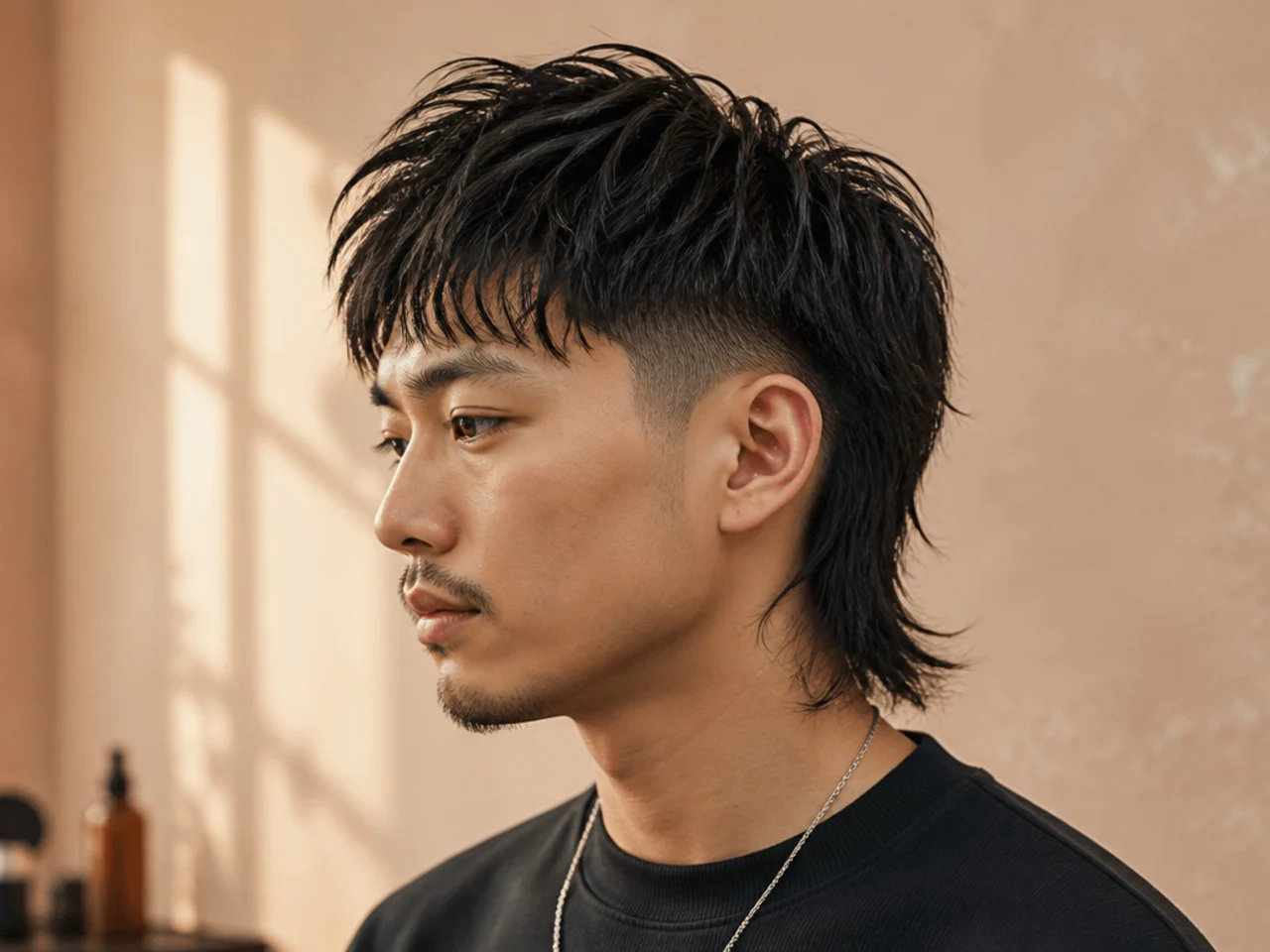 Asian mullet fade on a young man with short faded sides and layered length falling past the collar on wavy black hair