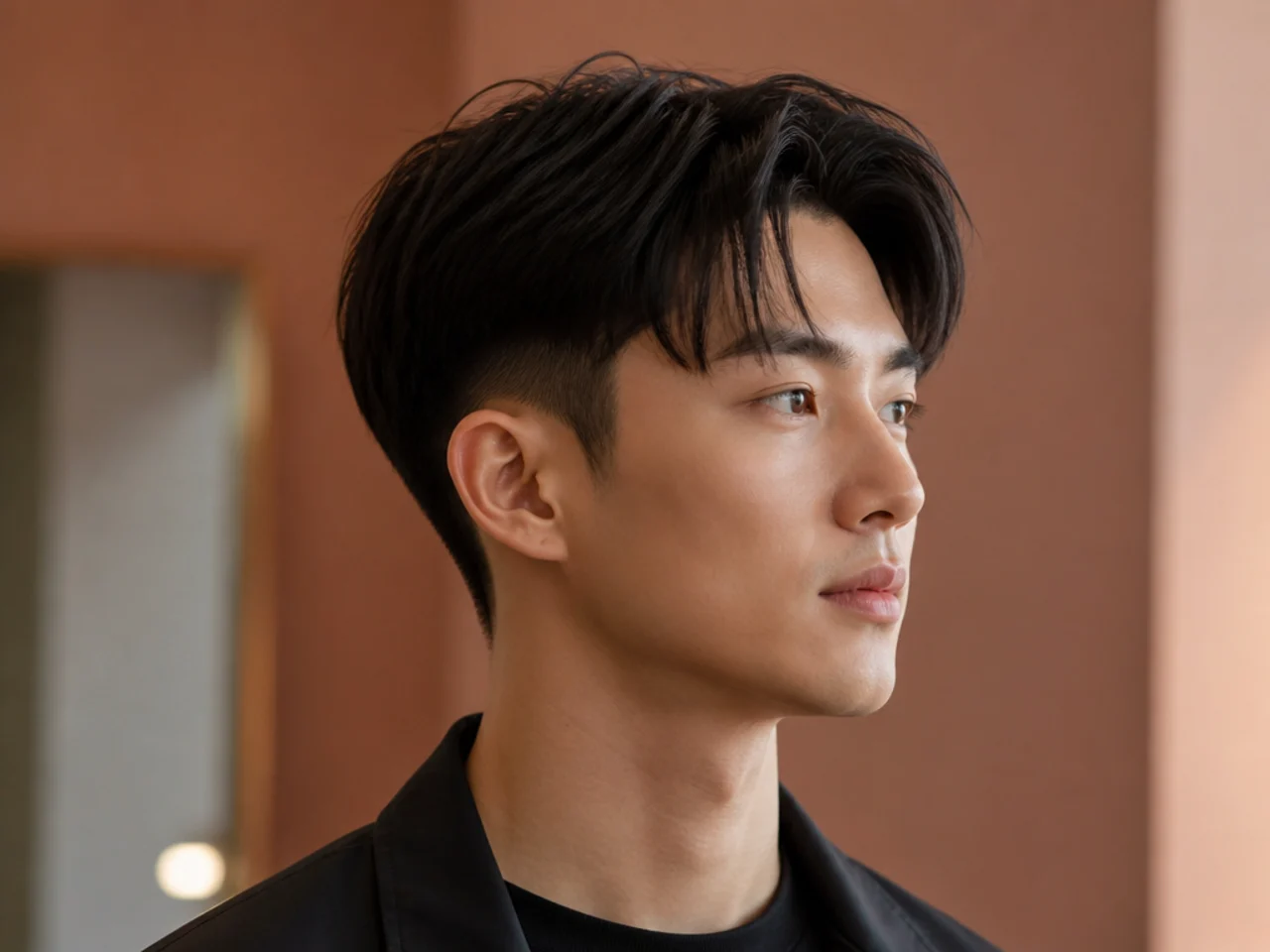 Chinese cinema undercut on a man with long slicked-back top and hard clipper line at the temple on straight black hair
