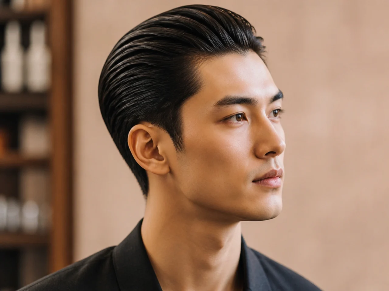 Slicked-back cinema cut on a Chinese man with high-shine pomade and 4-inch top pushed straight back over scissor-blended sides