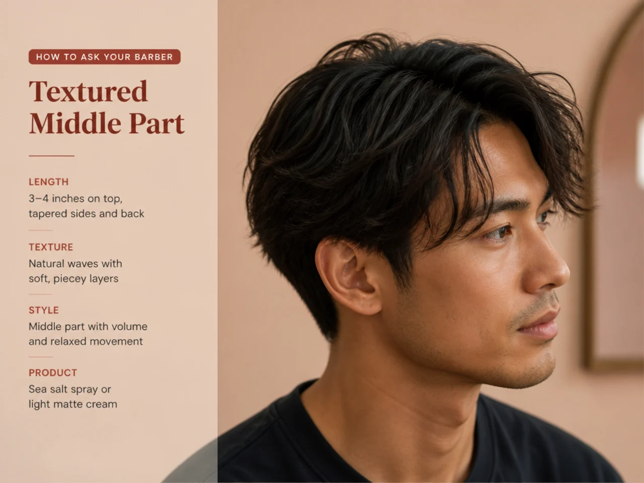 Barbershop consultation table with reference photos, mirror, and styling tools for an Asian haircut idea consultation