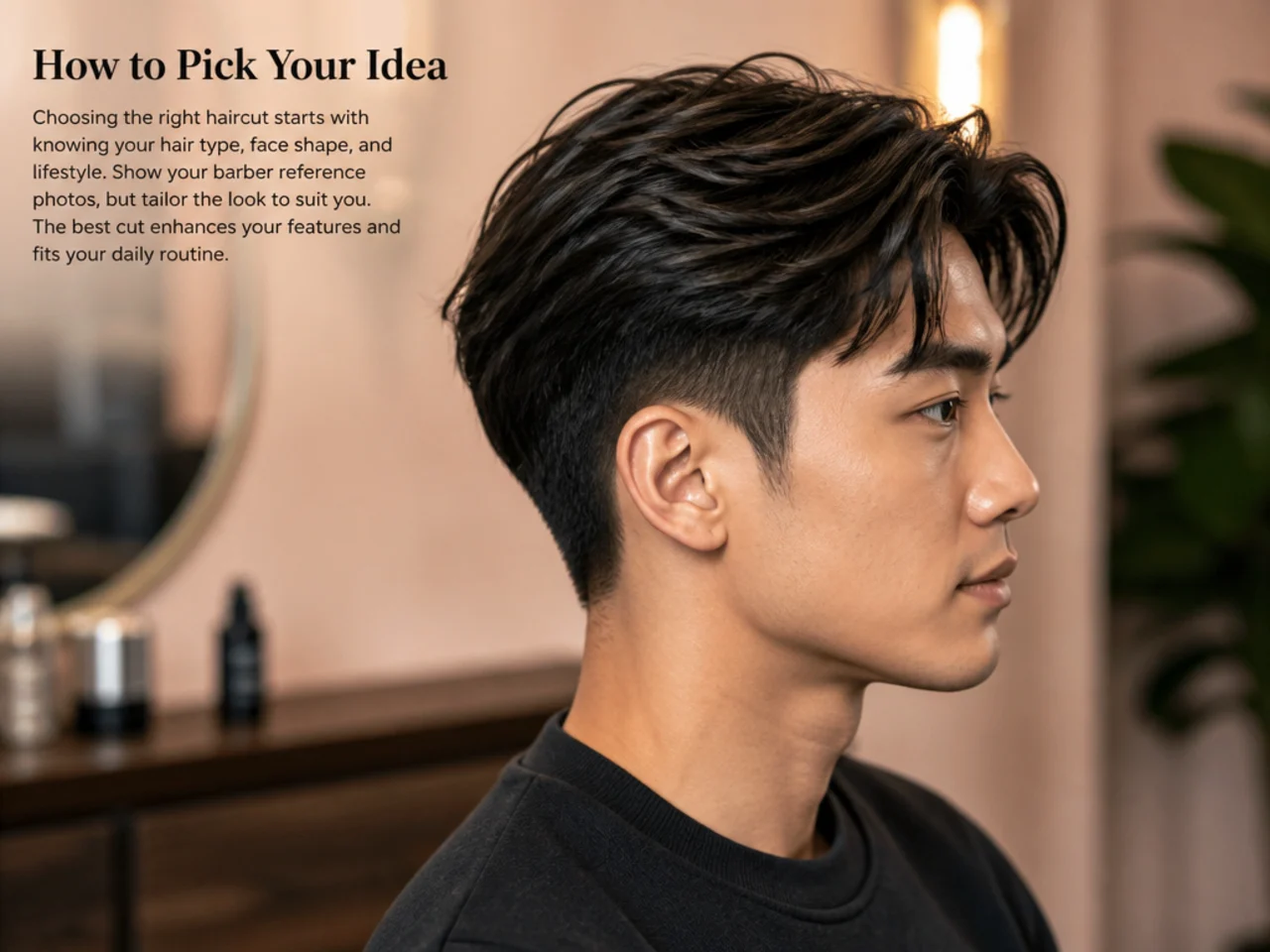 Side profile of a young East Asian man showing a scissor-blended two block from ear level