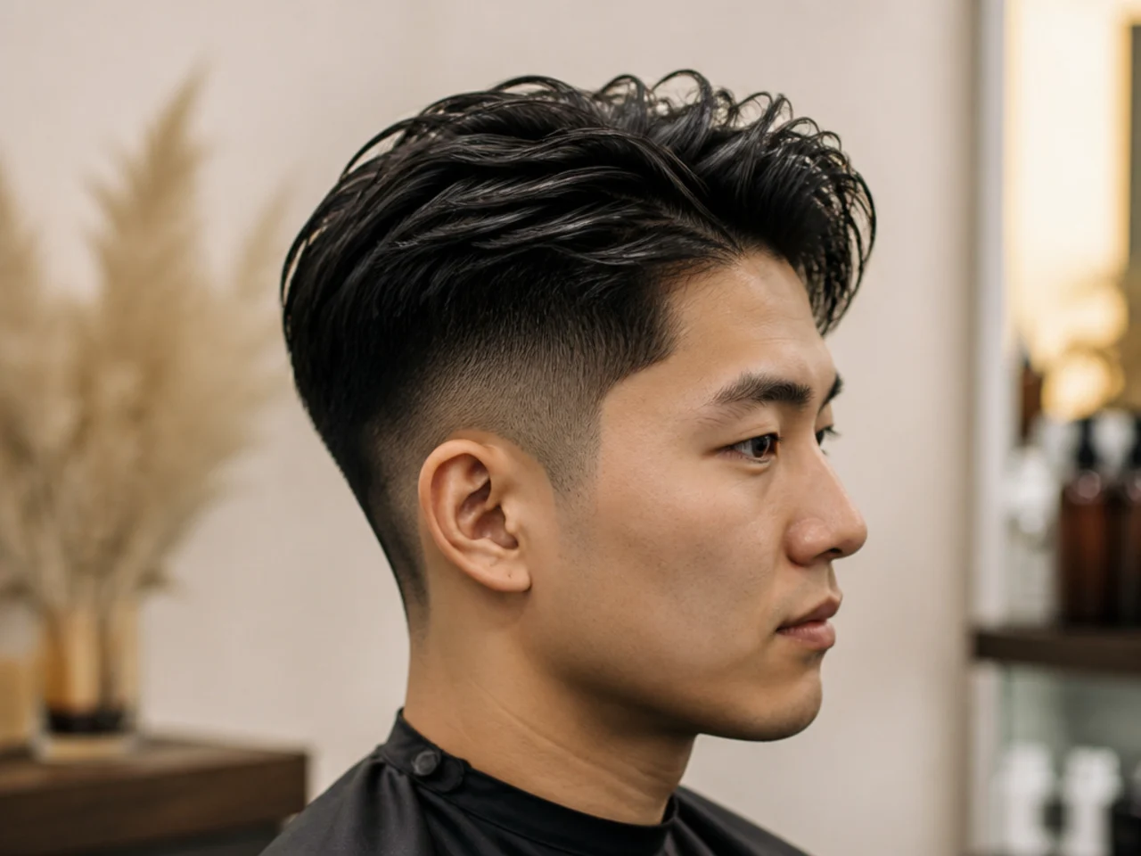 Asian haircut styling essentials — round brush, matte clay, sea-salt spray, curl cream, and hairspray on a warm cream surface