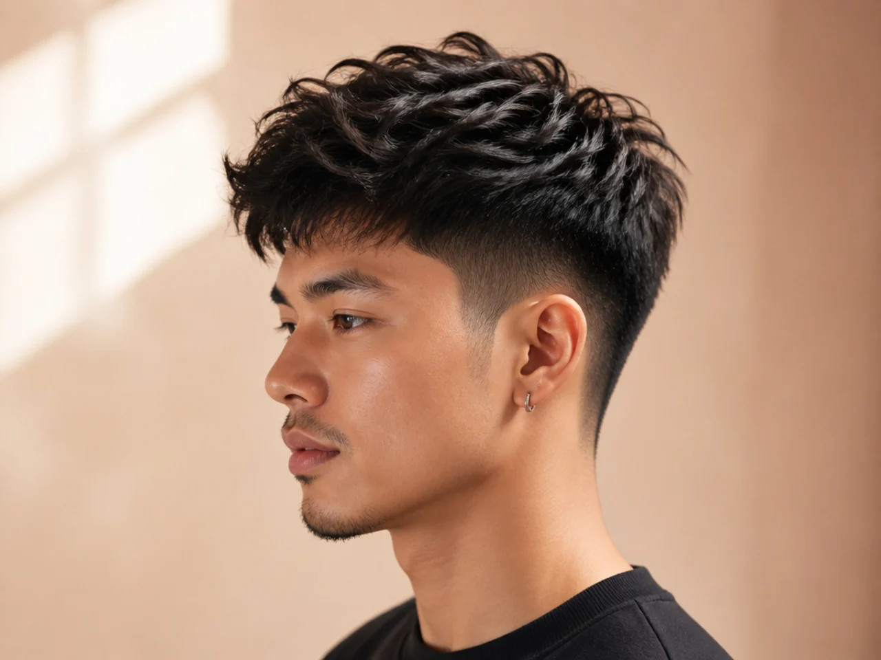 Editorial lineup of three East Asian men showcasing a curtain middle part, a modern two block, and a textured crop with low taper