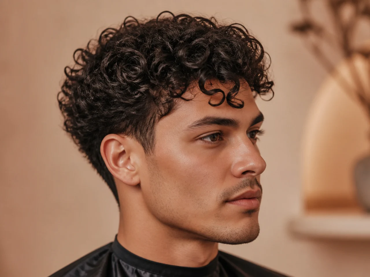 Curly comma fringe swept across the forehead with a mid fade