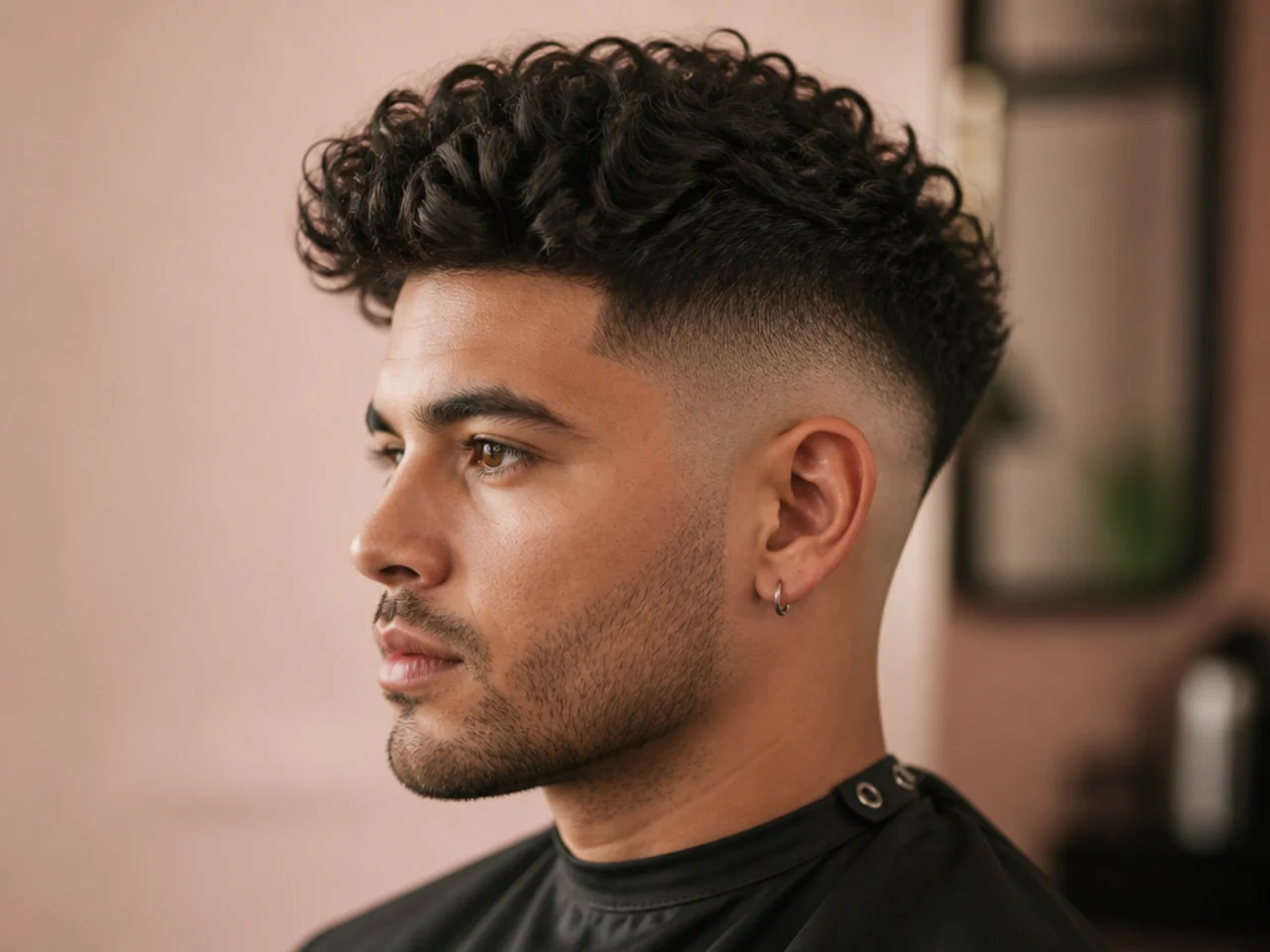 Curly quiff hairstyle blown up and back with a skin fade on the sides