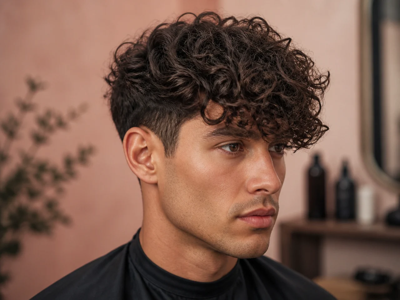 Curly fringe sweep with long forward-swept curls and low taper