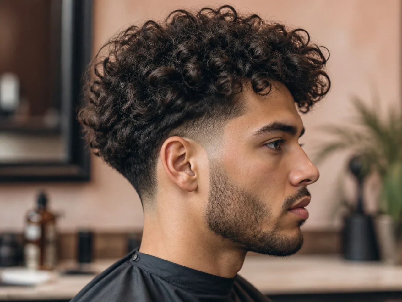Curly blowout taper with elevated curl volume on top and a fresh taper on the sides