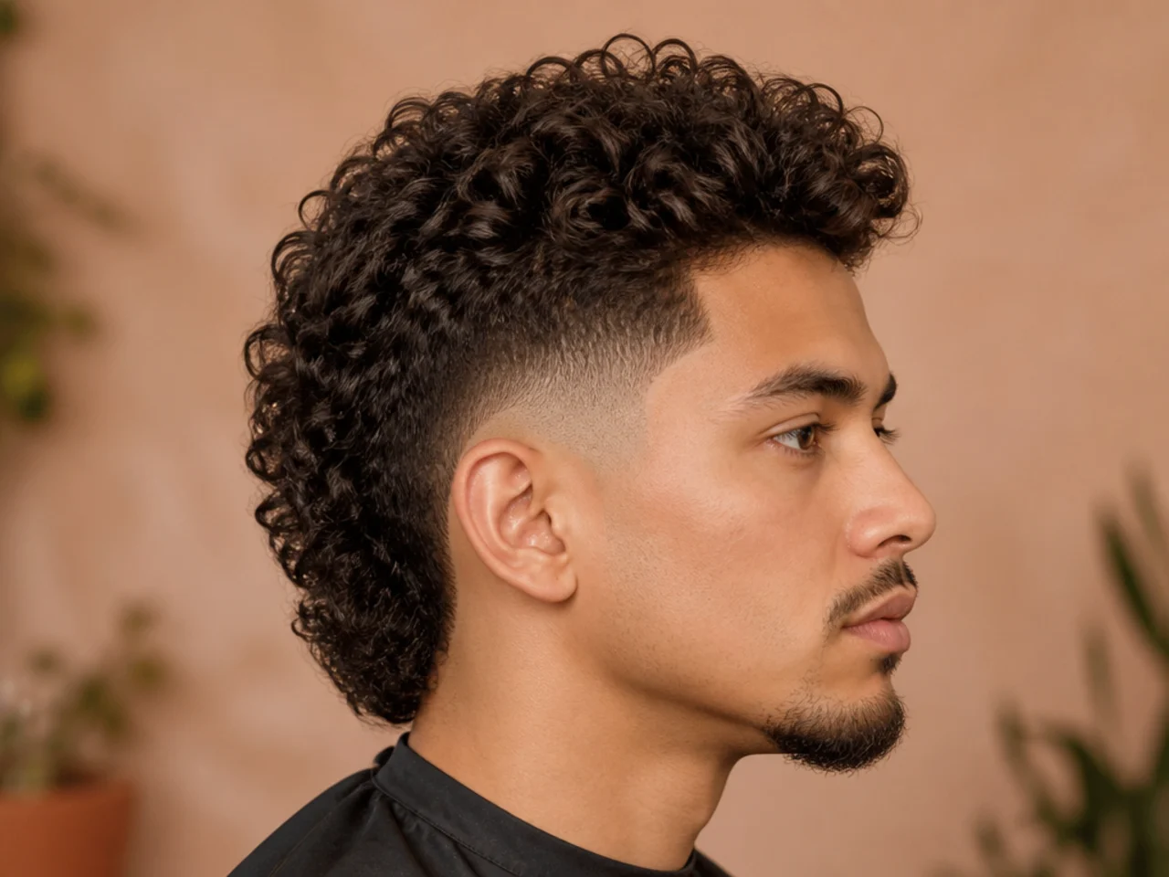 Curly mullet fade with longer nape hair and mid fade on the sides