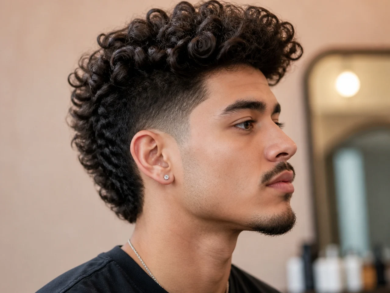 Curly faux hawk with tapered sides and elevated center strip