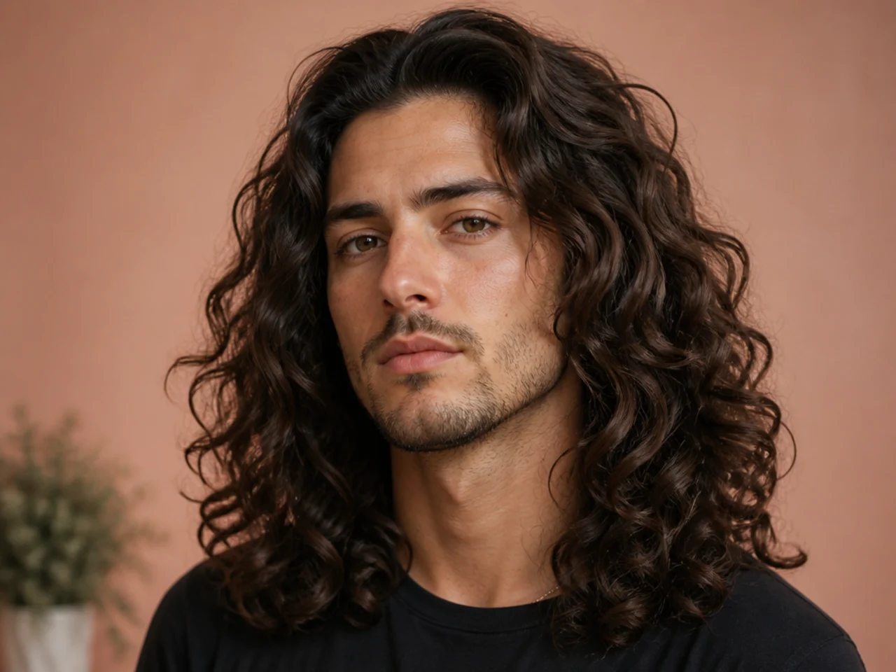 Long parted loose curls with soft internal layering and a natural side part