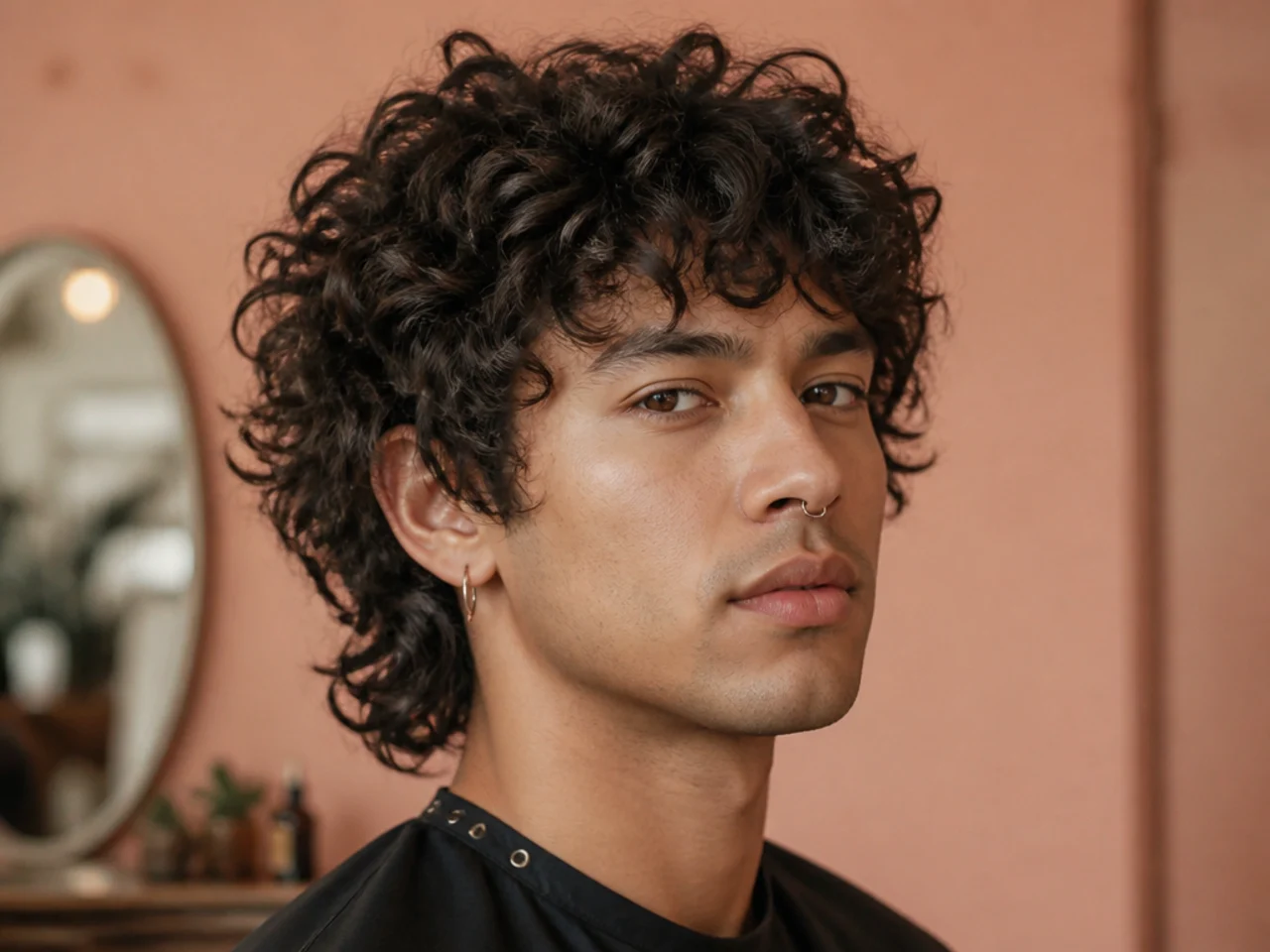 Curly wolf cut with heavy internal layers and shaggy silhouette