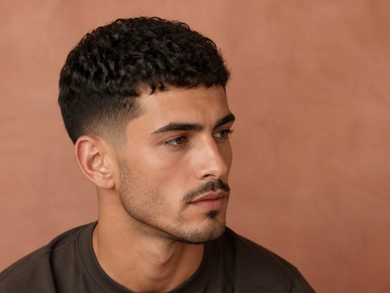 Short curly Caesar cut with straight fringe and low fade on 3A curls