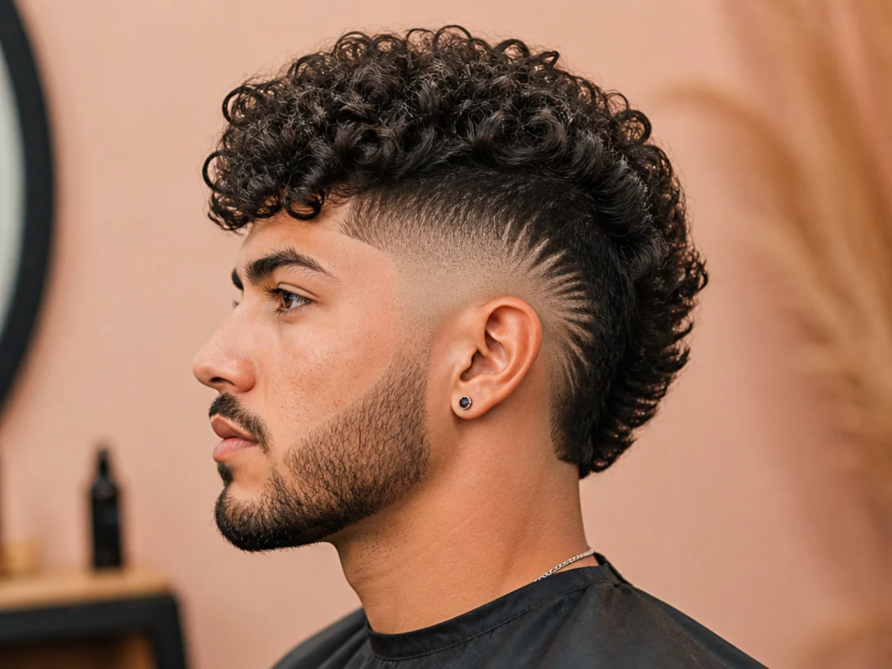 Curly mohawk with burst fade arcing around the ear on 4A coils