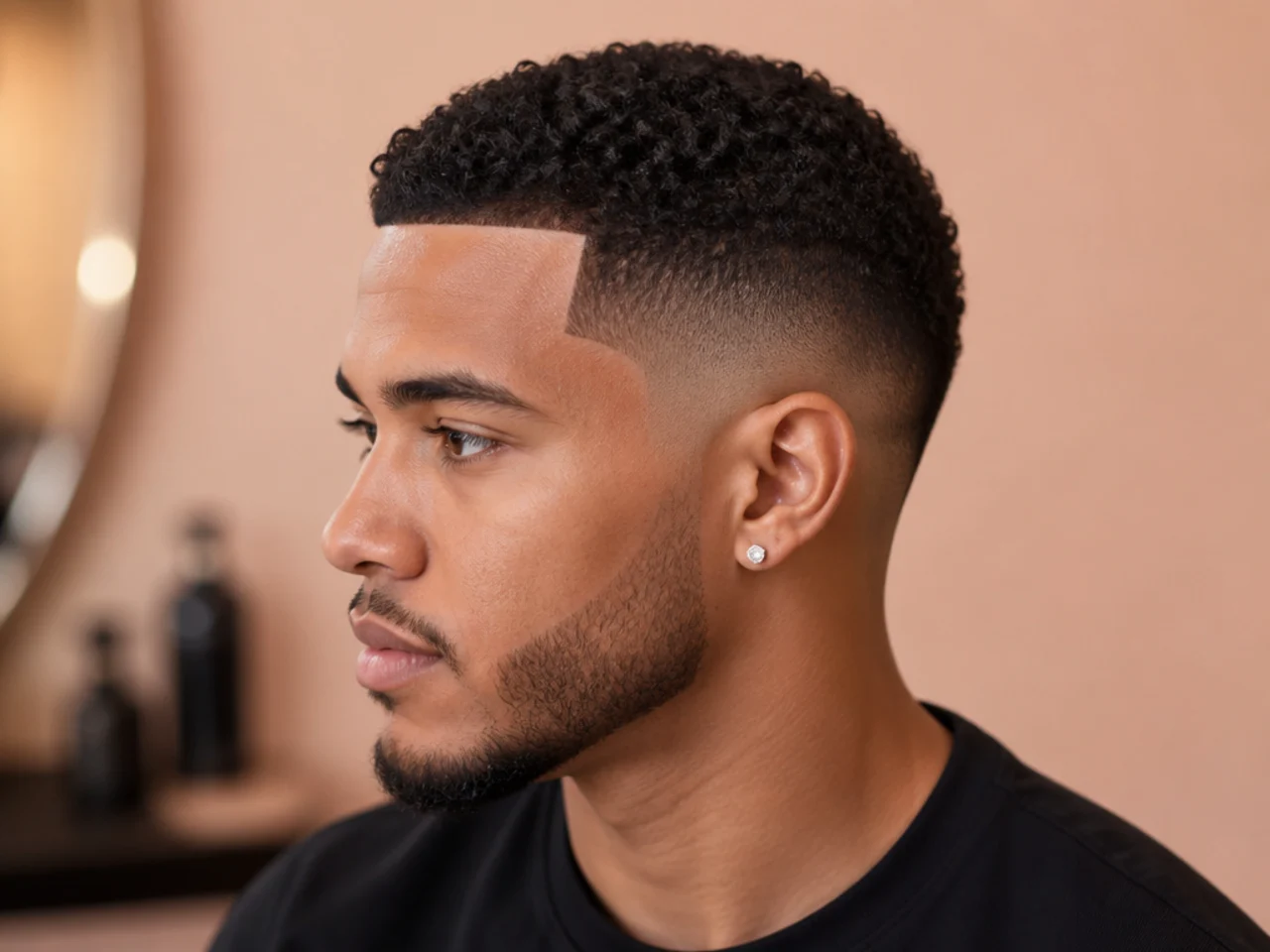 Curly buzz cut with sharp razor line-up on 4A coily hair