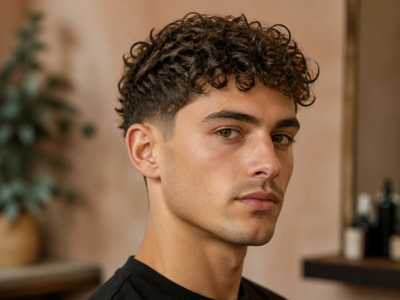Curly French crop haircut with forward-swept fringe and mid fade on 2C waves