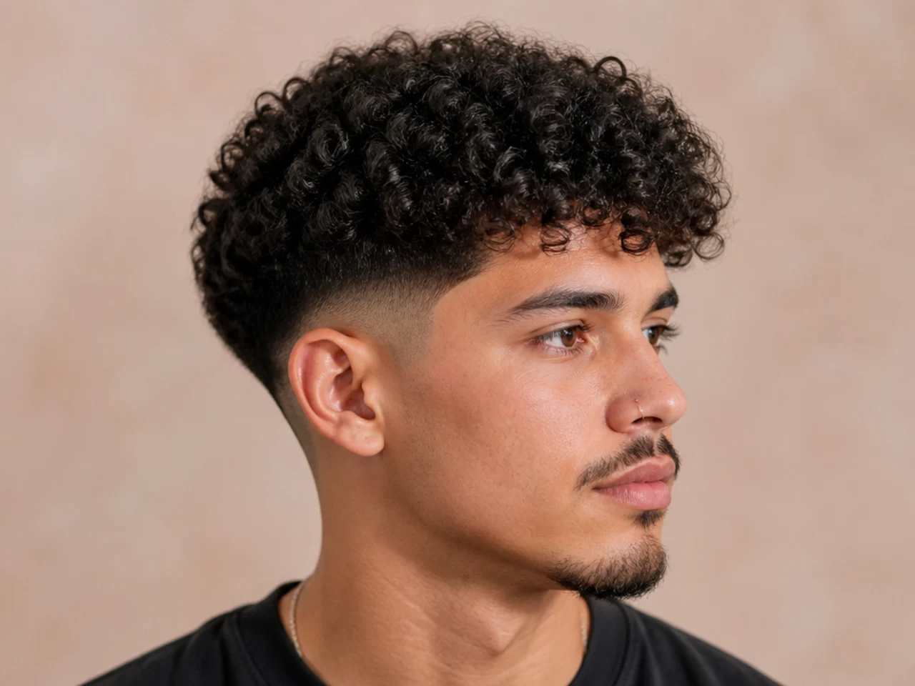 Broccoli cut with tight rounded curl dome and mid taper fade