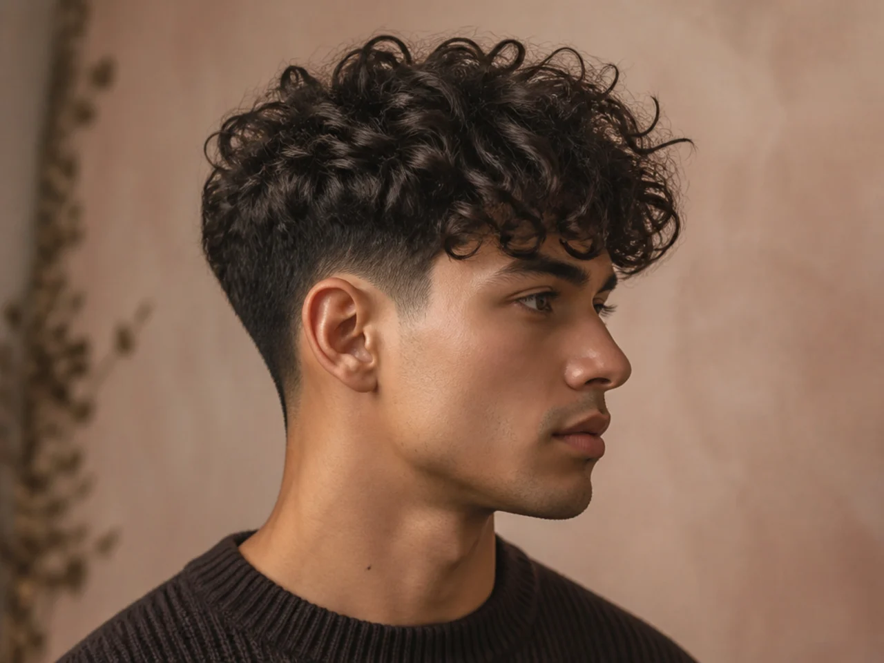 Curly two block haircut with long top hair concealing the buzzed under-layer
