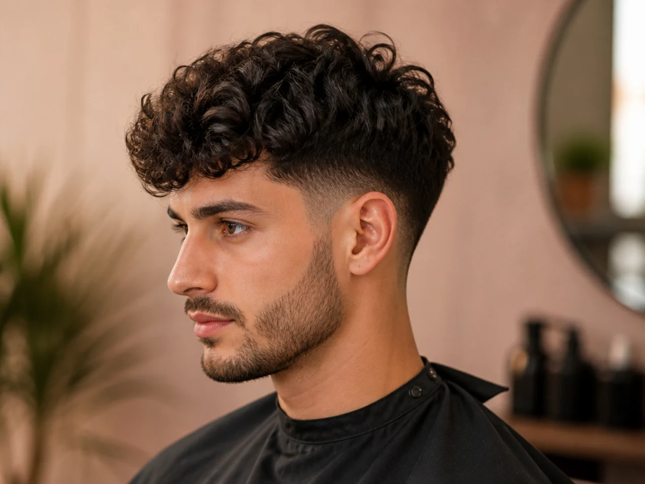 Client showing a phone reference photo to a barber before a curly haircut