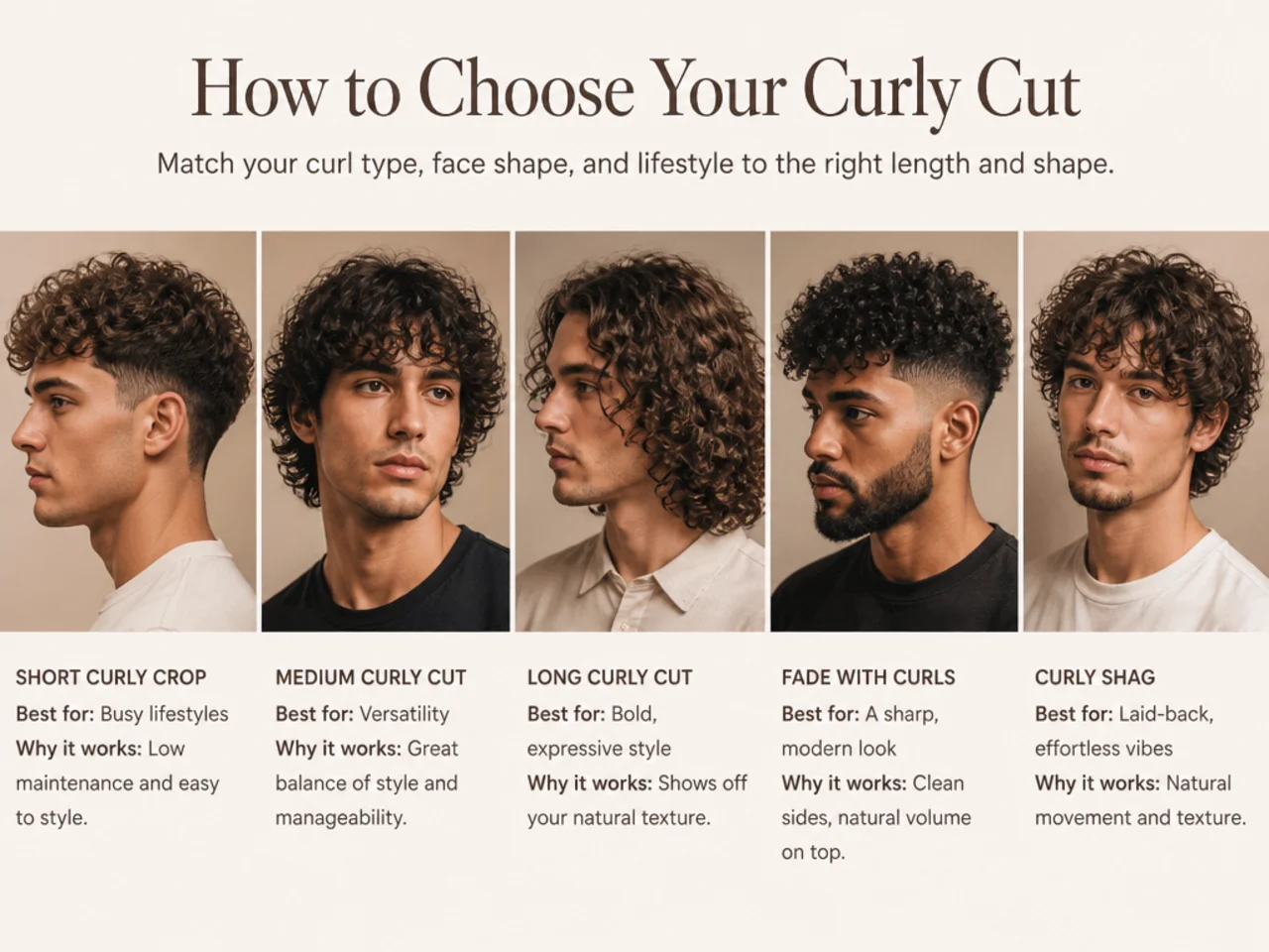 Three curly-haired men side by side showing different curly haircut ideas for different curl types