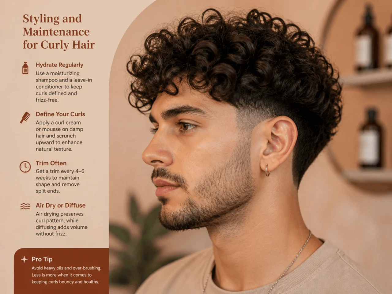 Styling essentials for curly hair including leave-in curl cream and diffuser attachment