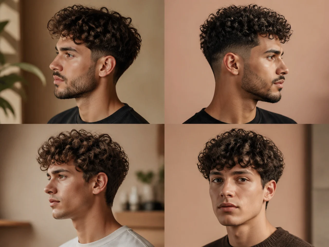 Side profile of a great curly haircut for a man with scissor-cut top and clean tapered sides