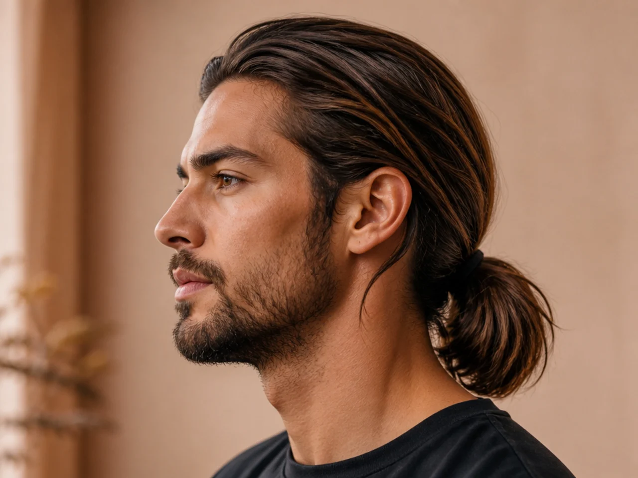 Young man with long dark hair gathered into a low ponytail at the nape with soft face-framing pieces
