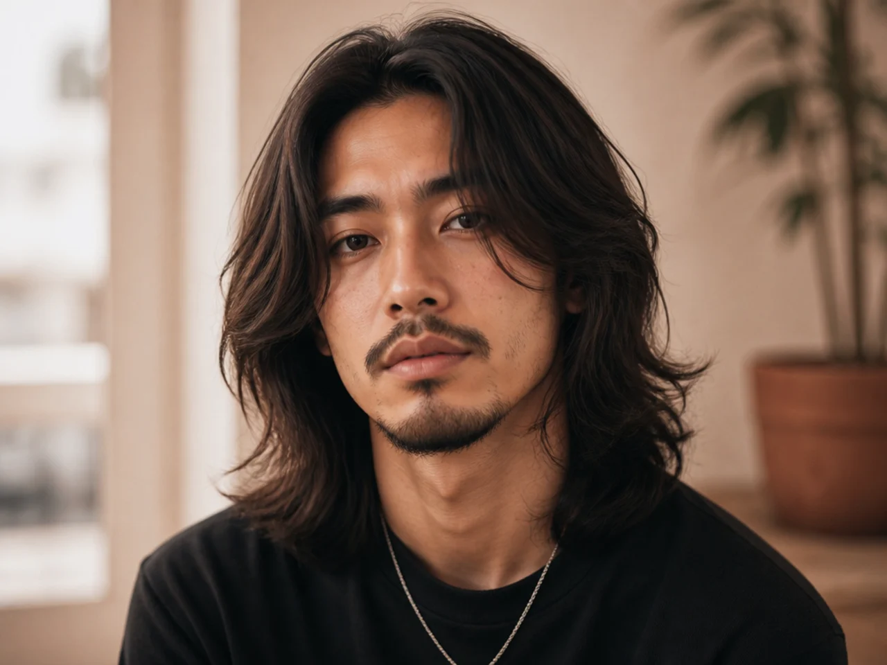 Young man with long wavy shag haircut with heavy piecey layers and curtain fringe at cheekbones