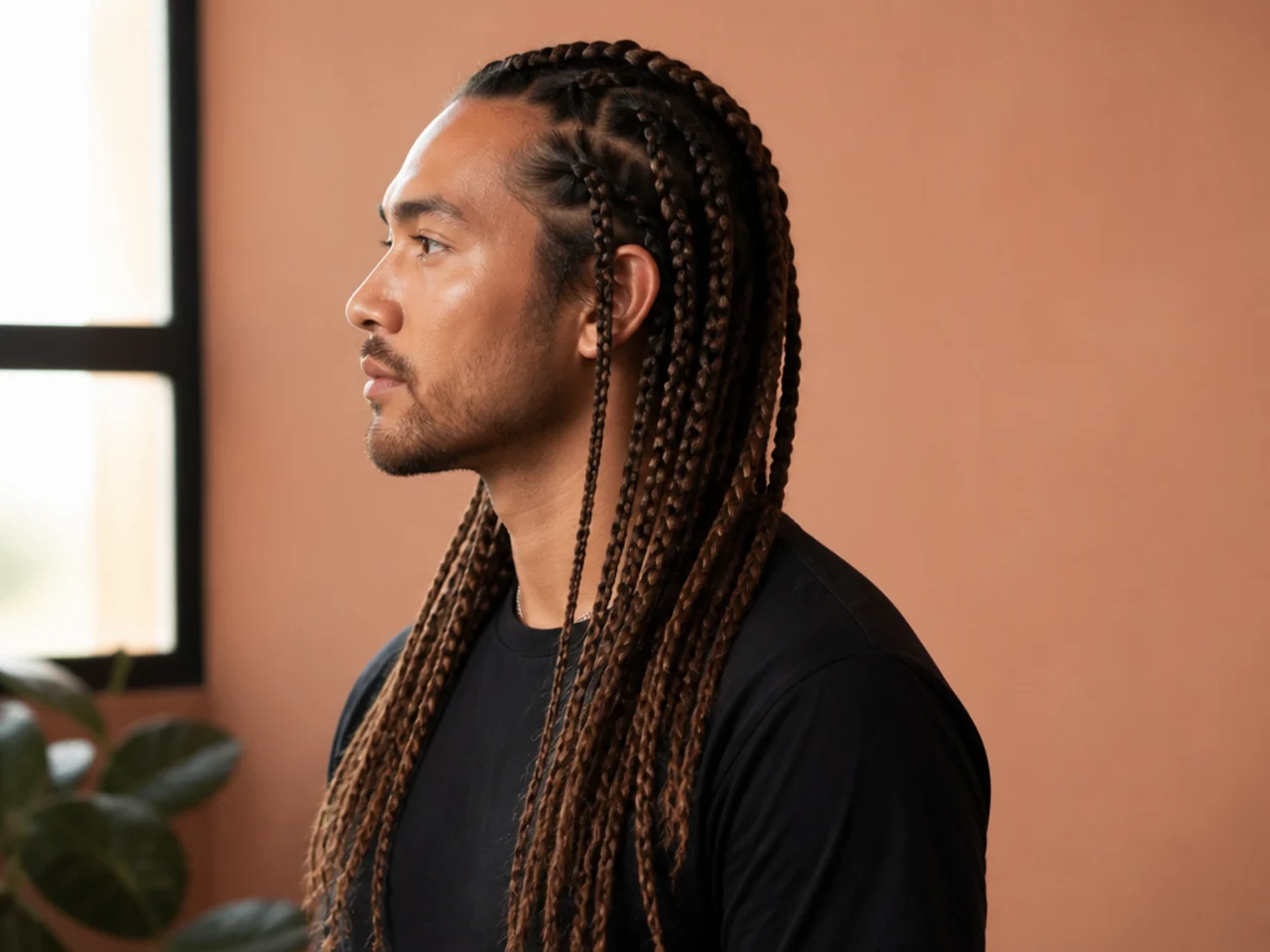 Young man with long hair featuring two-strand warrior braids along the temples with loose hair down the back