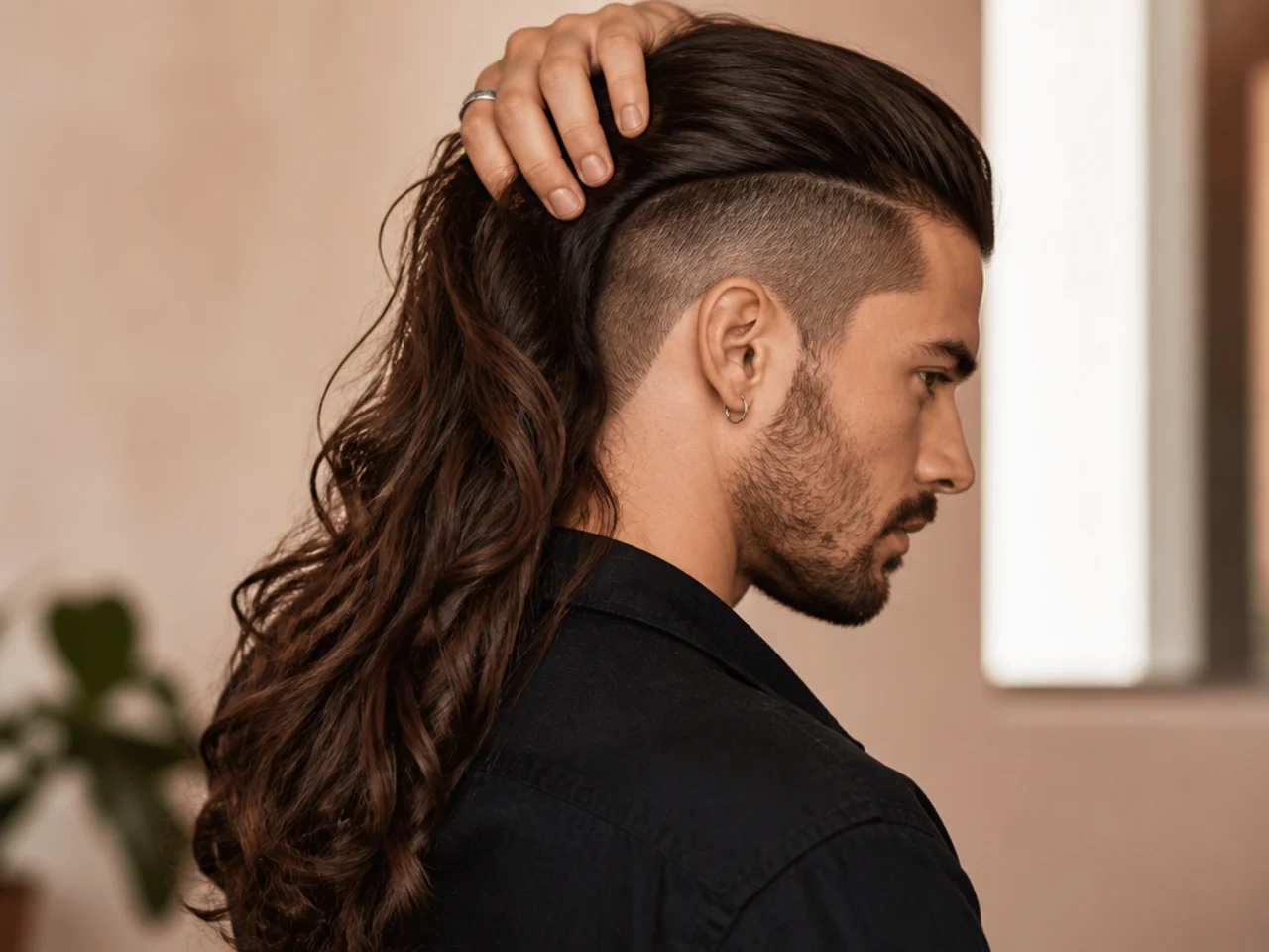 Young man lifting long hair to reveal a hidden undercut buzzed at the nape and behind the ears