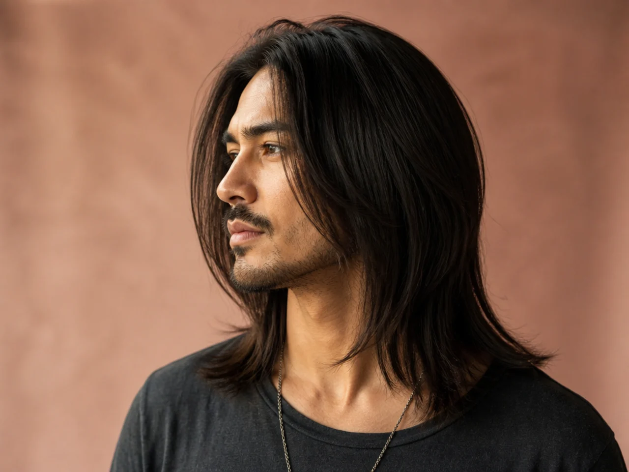 Young man with long pin-straight dark hair falling past the shoulders with a soft center part