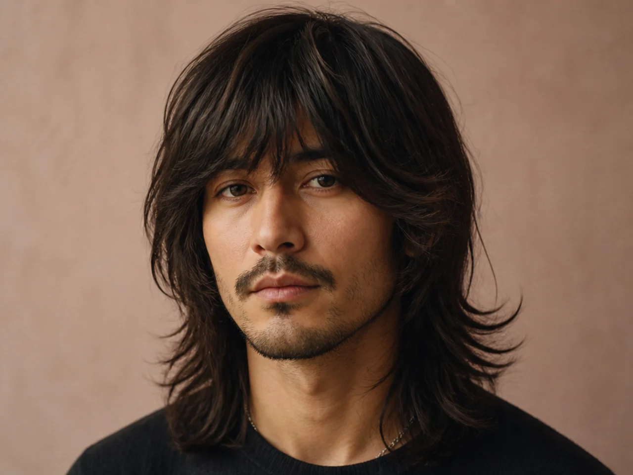 Young man with long layered hair and heavy textured fringe falling past the eyebrows to mid-nose