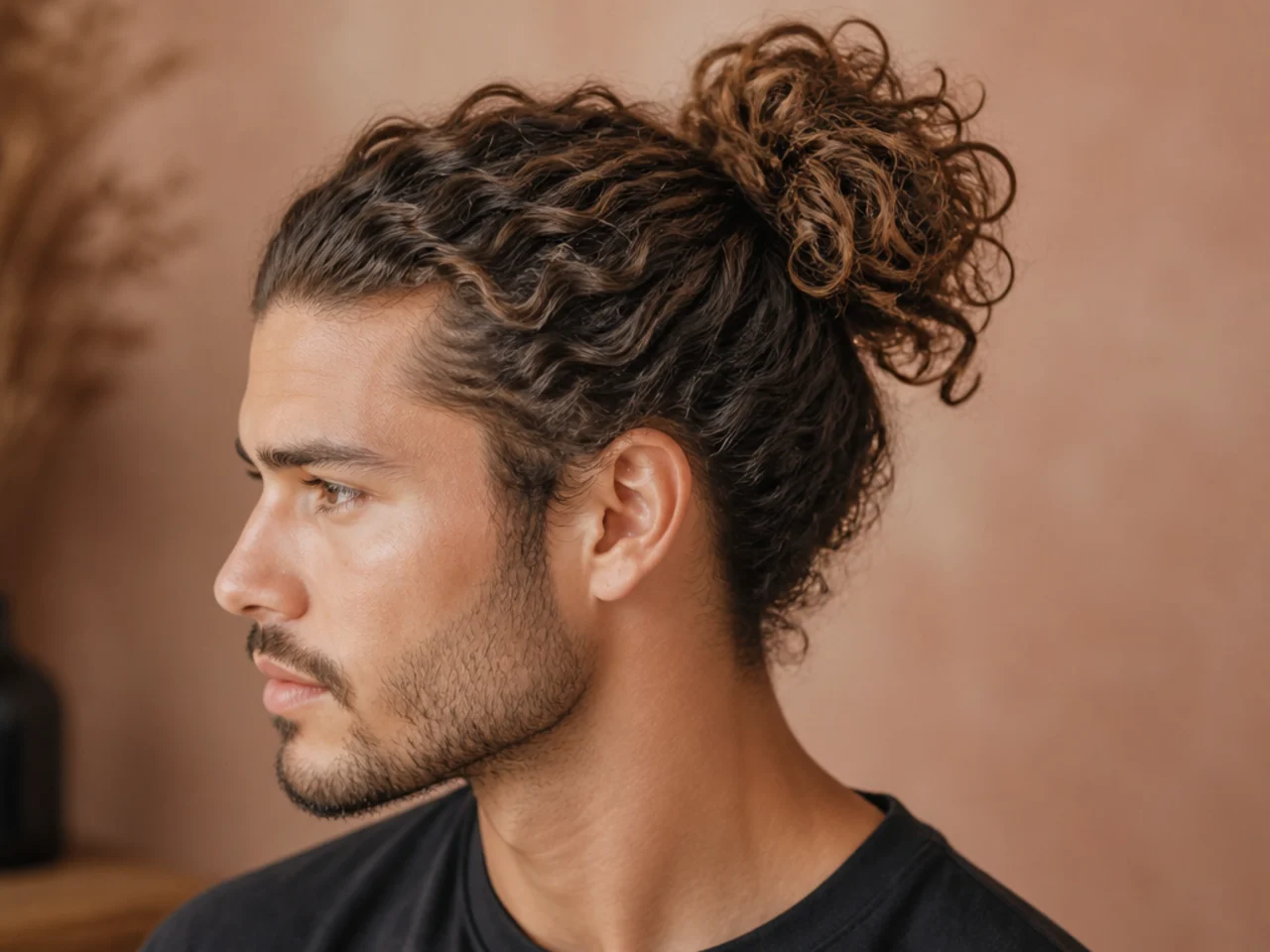 Young man with long curly hair gathered into a loose man bun with front curls falling free