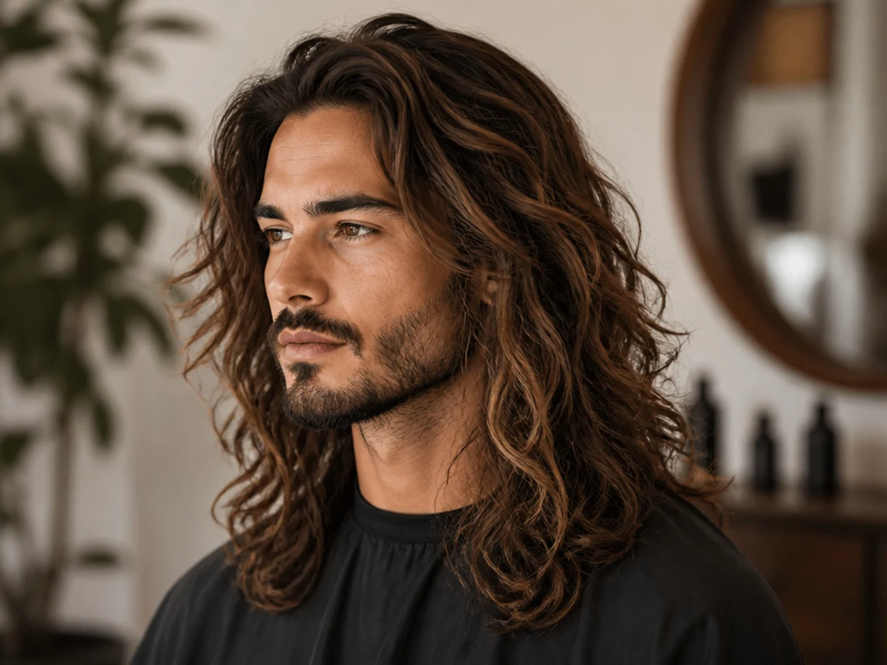 Young man with long naturally wavy sun-lightened hair styled in defined beach waves falling past shoulders
