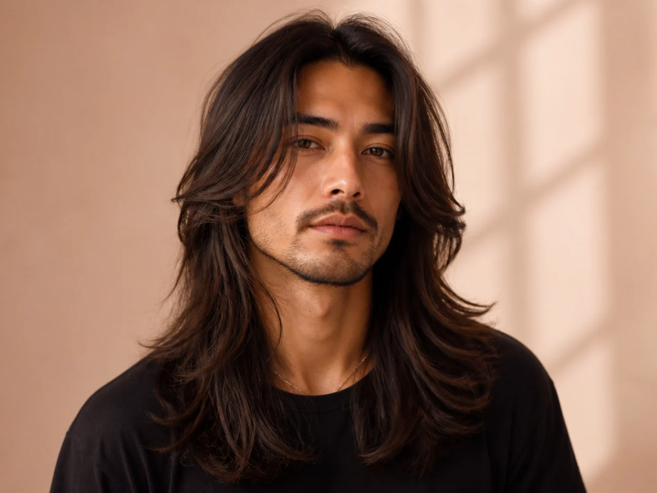 Young man with long hair cut in a soft V-shape at the back with face-framing layers around the cheekbones