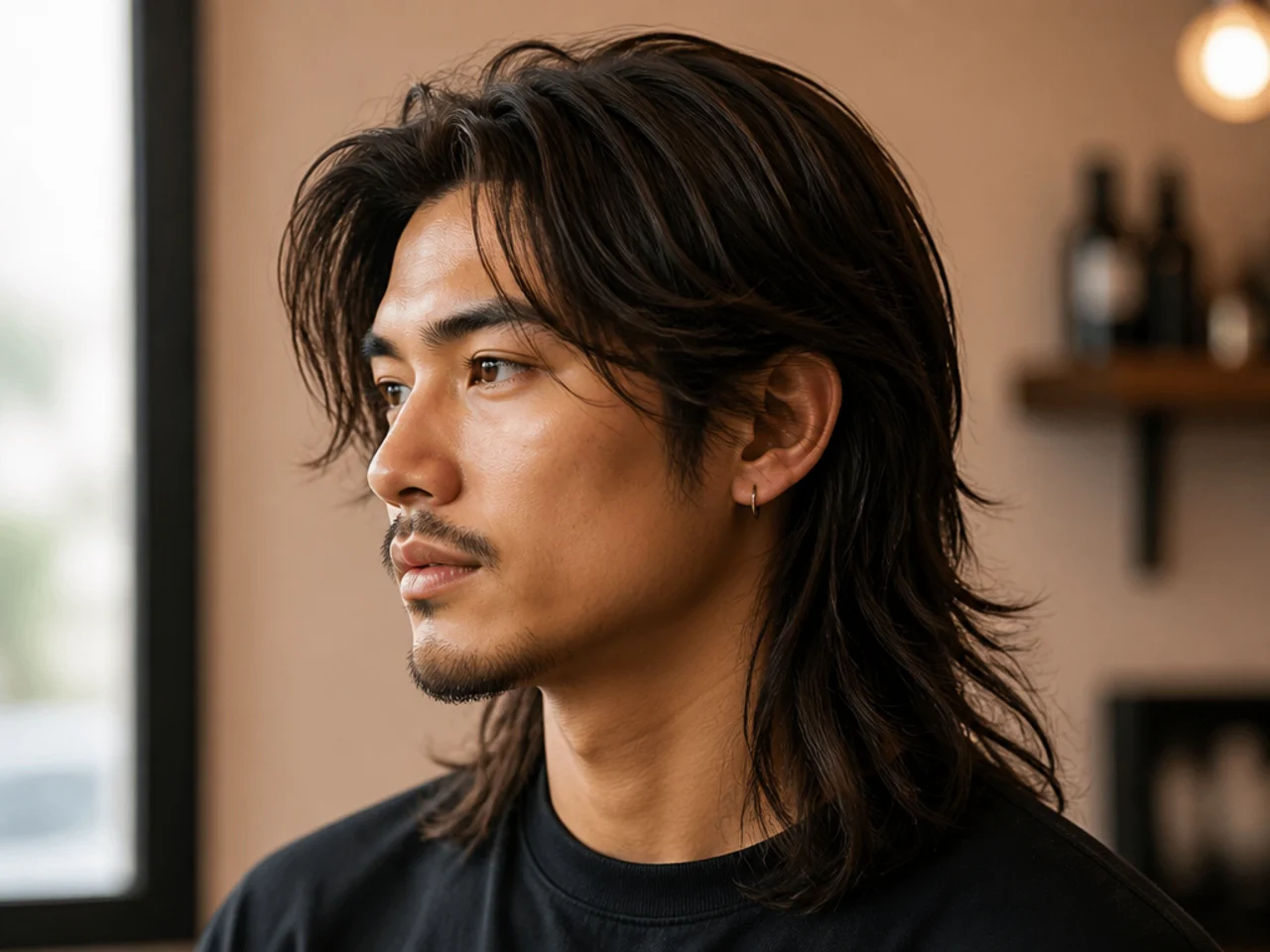 Young man with a long grown-out mullet with shorter layered top and longer back reaching mid-back