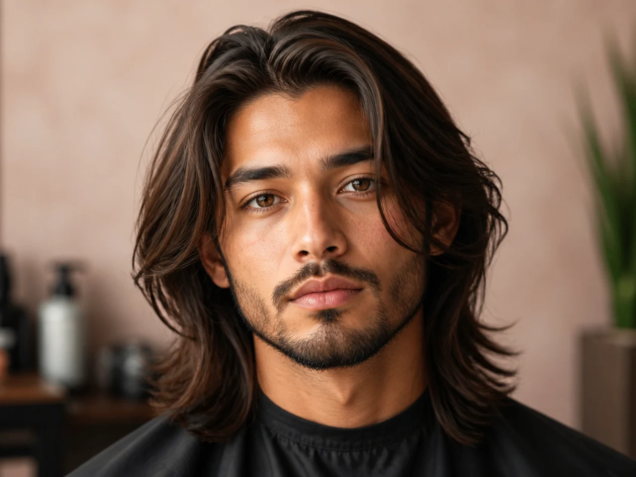 Young man with shoulder-length dark brown hair in long layered side sweep, natural movement