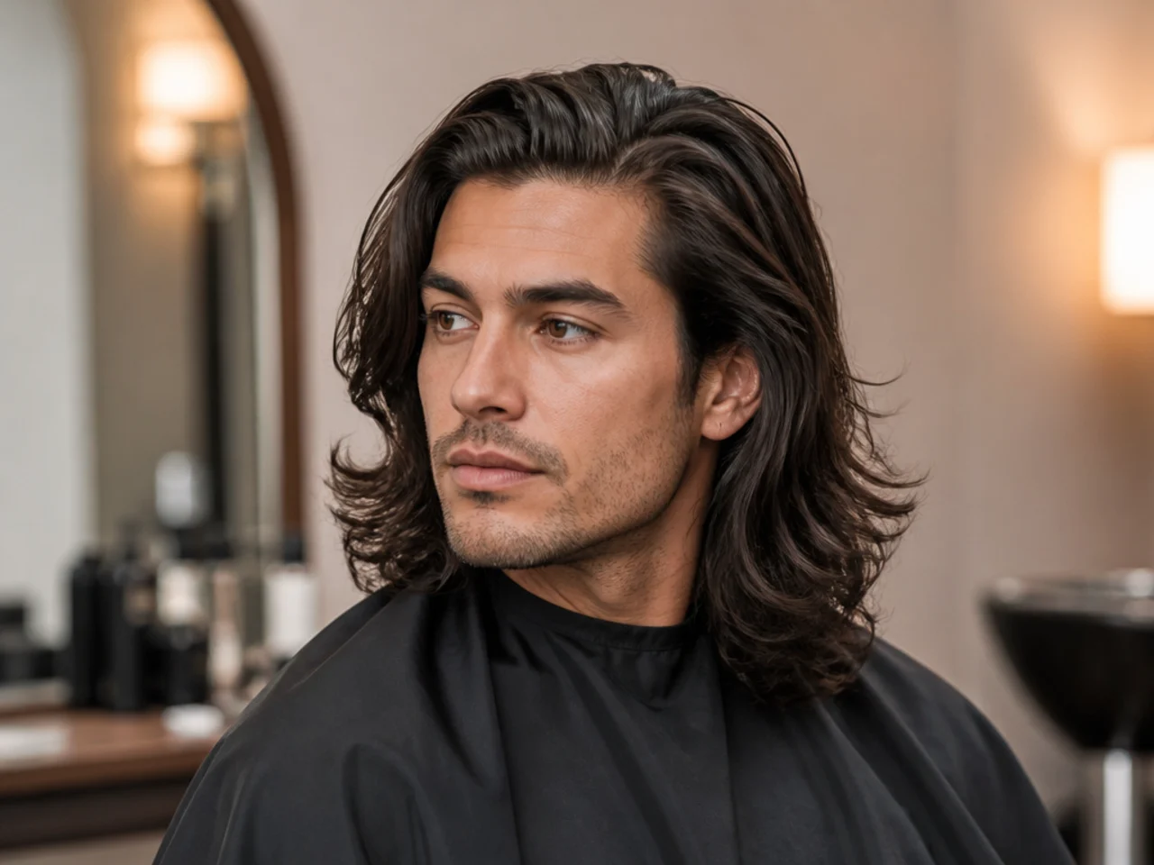 Young man with long wavy sandy-brown hair in a classic old-money style with soft side sweep and clean edges