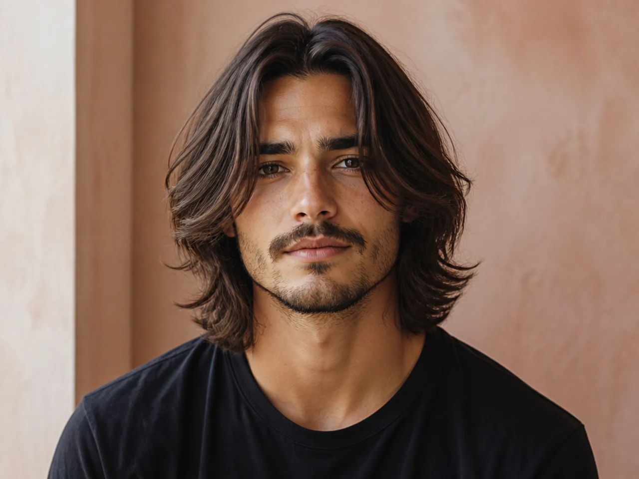 Young man with long straight brown hair in a clean middle part with equal curtains framing the face