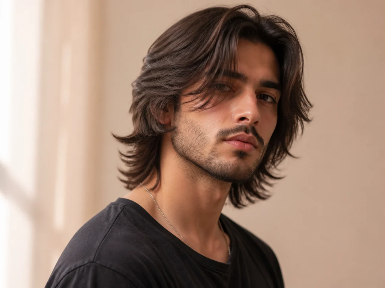 Young man with long wavy hair in a shaggy wolf cut with heavy layers and a curtain fringe