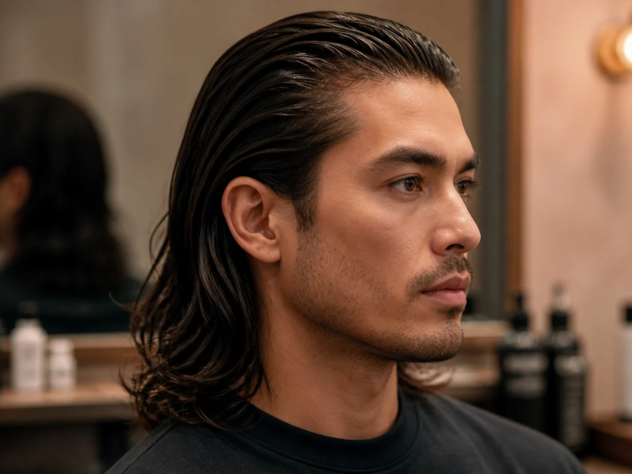 Young man with long dark hair slicked straight back off the forehead with pomade shine