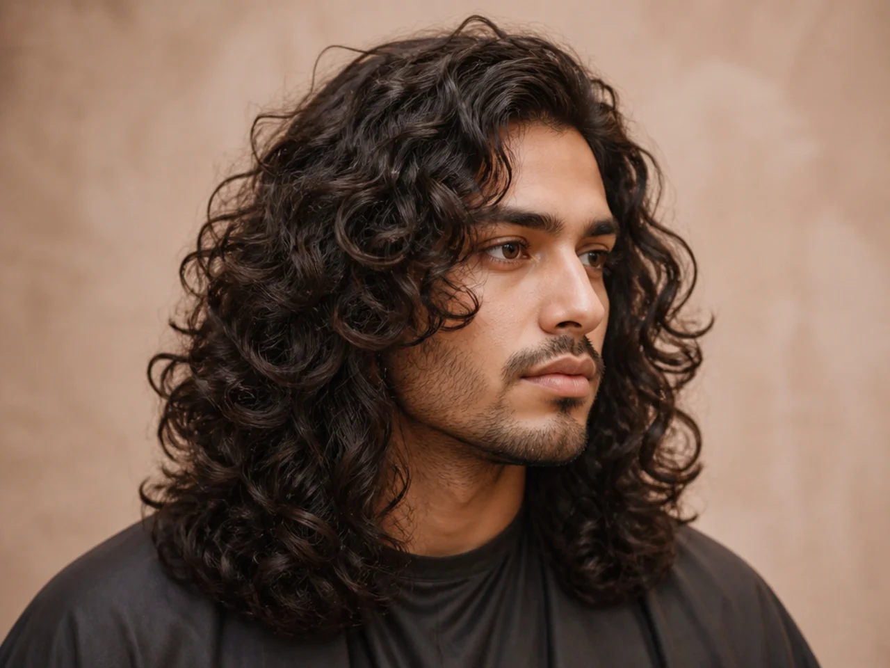 Young man with long curly brown hair swept back off the forehead in a defined halo shape