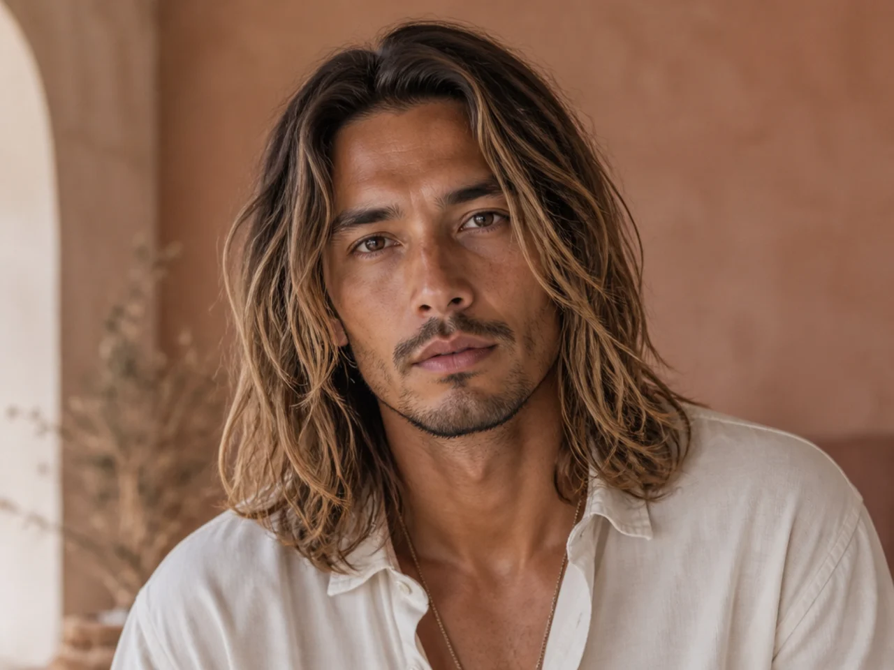 Young man with long wavy sun-lightened hair falling forward past the eyebrows in surfer style